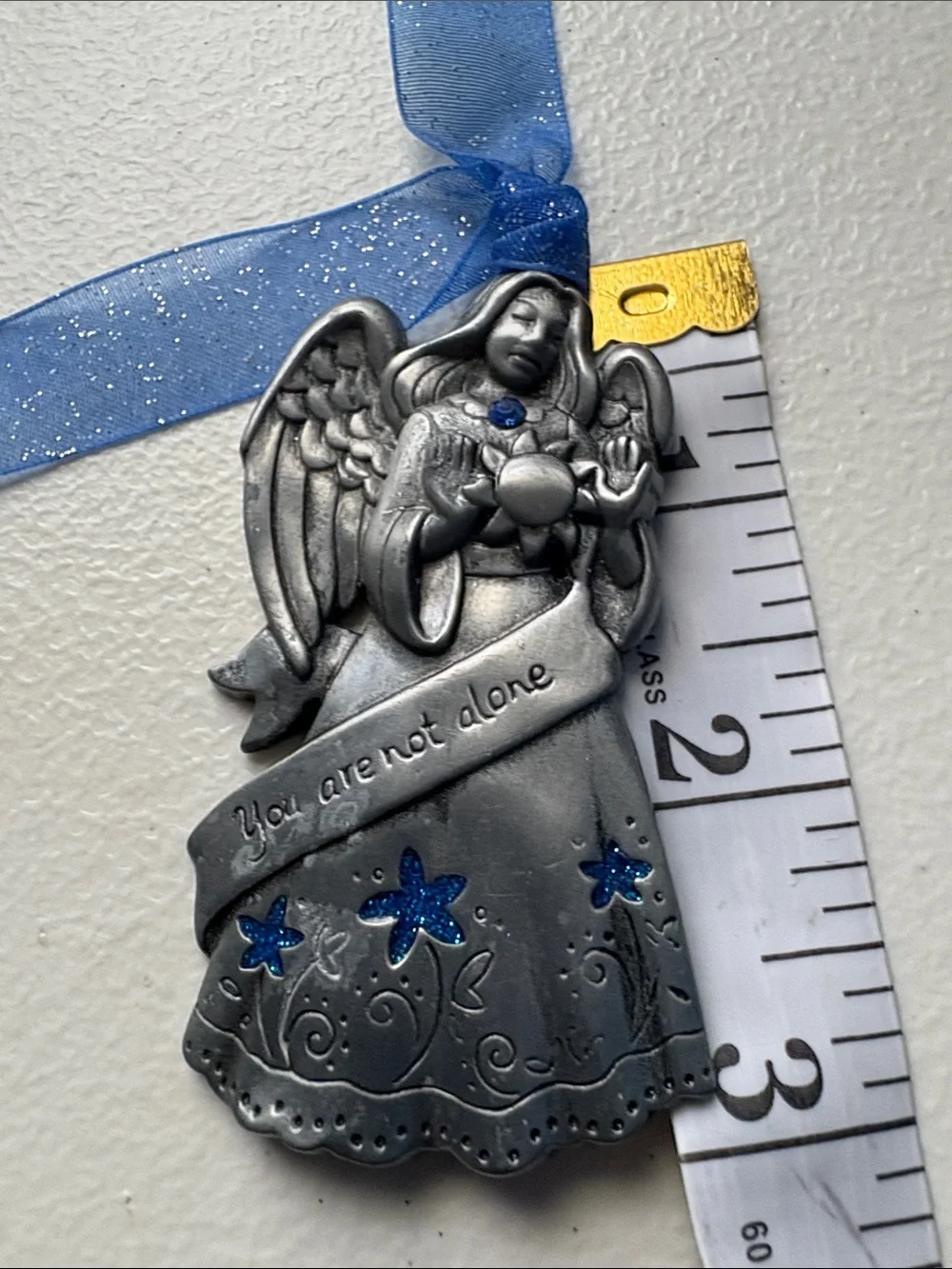 Vintage Silver Angel Ornament with Blue Ribbon and Glitter Accents